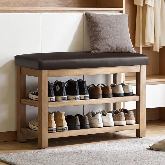 Shoe Rack Bench with Leather Cushion, 2 Tier Solid Wood Storage Bench, Mid-Century Modern Shoe Bench for Entryway, Hallway, Closet, Front Door Entrance, Foyer (Dark Brown, 31.5)