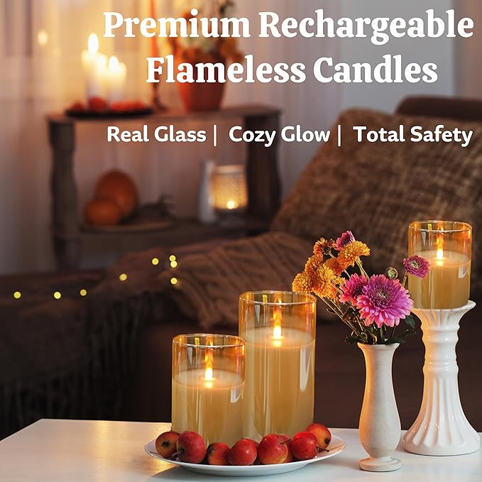 200 Hours Rechargeable Flickering Flameless Candles, Rechargeable Battery LED Glass Pillar Candle with Remote and Timer, Real Wax Warm Color for Home Living Room Decor, Ideal Gift for Women