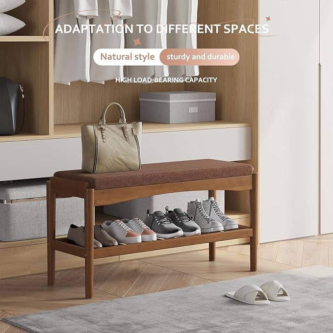 Shoe Bench Entryway Bamboo 2-Tier Shoe Rack with Cushion Padded Seat Shoe Bench Organizer Stable for Hallway, Living Room, Bedroom (31.5 * 11.4 * 16.5IN, Brown-Brown)