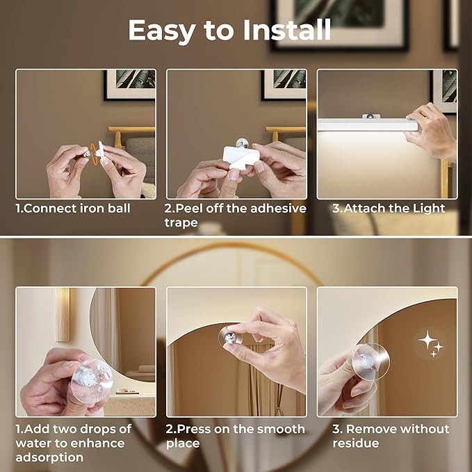 Rechargeable LED Vanity Mirror Light - Dimmable 6500K Makeup Light with Timer, 360° Adjustable Angle, Wireless Cordless Suction Stick-On Installation for Bathroom, Portable Vanity Lighting