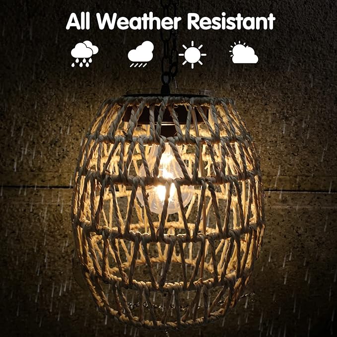 Battery Operated Outdoor Hanging Light Waterproof,6 Hours Timer Seagrass Woven Chandelier Indoor Outdoor Rattan Lantern for Patio Porch Gazebo Garden,Battery Operated Pendant Light with Edison Bulb