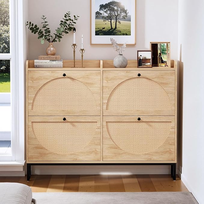 COMHOMA Shoe Storage Cabinet, Slim Rattan Shoe Cabinet Storage with Flip Drawers, Hidden Narrow Shoe Cabinet for Entryway Hallway（Natural Rattan Wood）