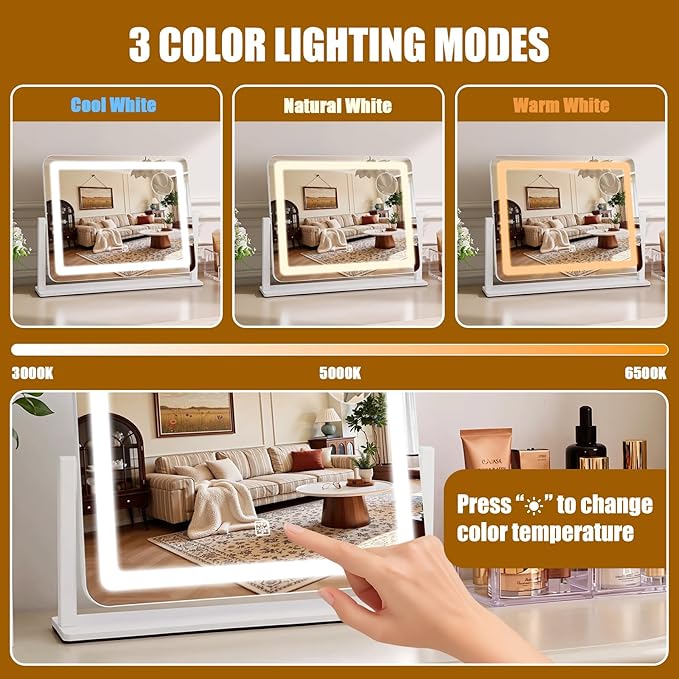 Vanity Mirror with Lights, 16"×12.4" LED Makeup Mirror, Rounded Frame, 10X Magnification, Smart Touch with 3-Color Lighting, Dimmable, 360° Rotation, Lighted Up for Makeup Desk, Bedroom (White)