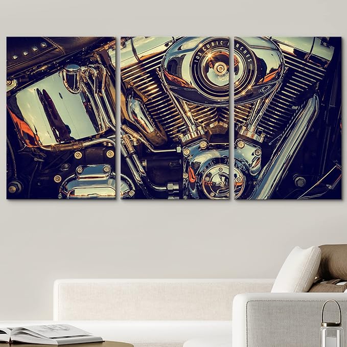 wall26 Canvas Print Wall Art Set Close Up of Chrome Motorcycle Engine Transportation Vehicle Photography Realism Chic Scenic Colorful Multicolor Ultra for Living Room, Bedroom, Office - 24"x36"x3