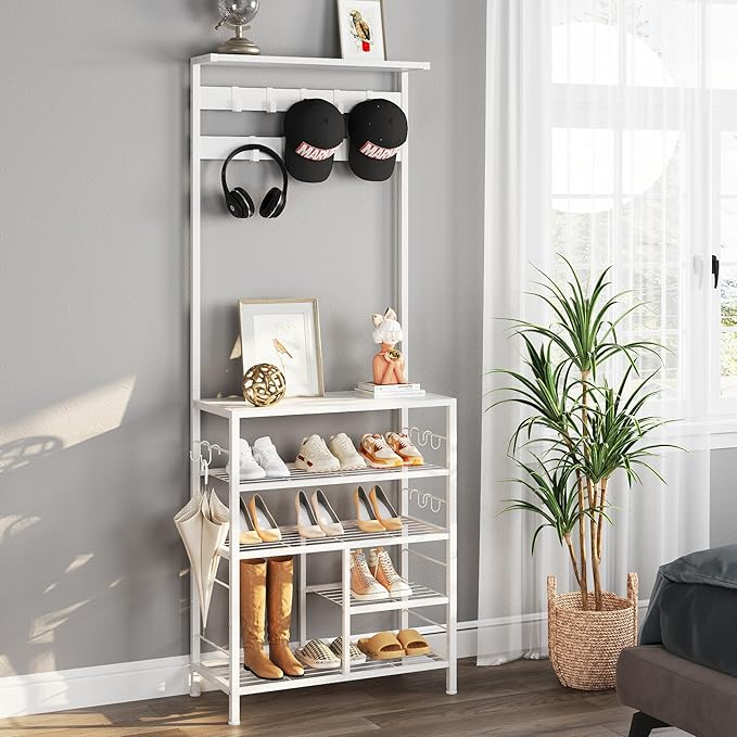 GiftGo Modern White Large 5-Tier Hall Tree Entryway Wooden Shoes Rack Shelf Coat Rack with Movable 9 Metal Hooks Storage Organizer for Home Office Bedroom Mudroom Living Room