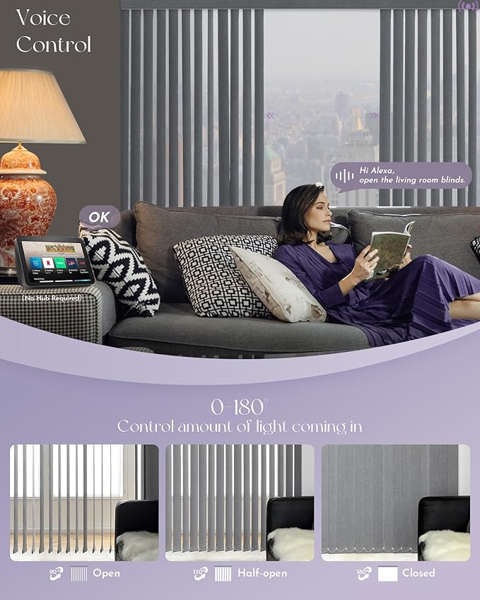 Graywind Motorized Vertical Blinds Compatible with Alexa Google Privacy Reversible Blackout Smart Vertical Blind Remote Control Track Slats Set for Sliding Glass Doors, Width Up to 157", Dark Grey