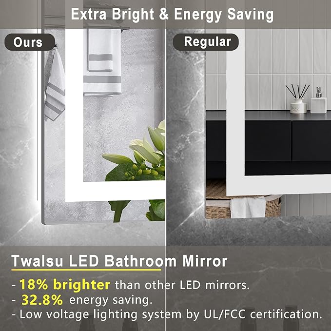 LED Mirror for Bathroom 48x28 Lighted Bathroom Vanity Mirrors with Lights, Brighter Frontlit and Backlit Anti-Fog Mirror, Tempered Glass, Dimmable 3 Colors Light Modes, Memory Function