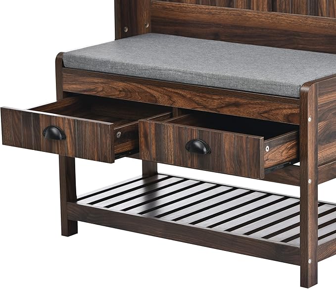 Hall Tree with Shoes Bench, Entryway Coat Rack with Storage Shelves and Drawers, 33.5''W Coat Hanger for Entrance, Hallway (Tiger)