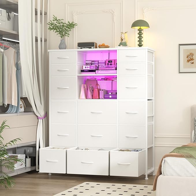 EnHomee 51" H White Dresser with 15 Drawers Dresser for Bedroom with Charging Station & LED Lights & Hutch Sturdy Bedroom Dressers, Steel Frame, Wood Top, 51.2" H x 39.3" W x 11.8" D