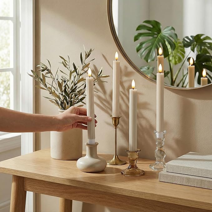 WYZworks 10" Fluted Ribbed LED Cream Beige Grooved Pillar Candles, Remote & 24h Timer Memory, On/Off Switch - Flameless Dimmable Battery Operated w/Flicker Mode, Home Wedding Decor (6 Pack)