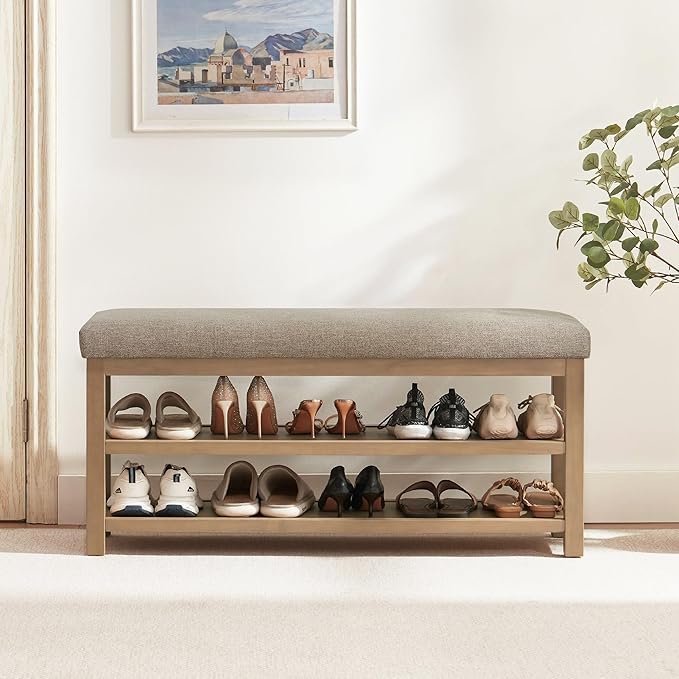 Shoe Rack Bench with Cushion, 2 Tier Solid Wood Storage Bench, Mid-Century Modern Shoe Bench for Entryway, Hallway, Closet, Front Door Entrance, Foyer (Brown, 46.5")