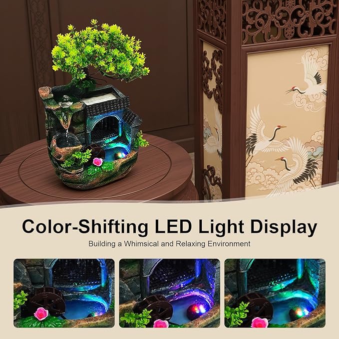 7.87in Tabletop Waterfall Lamp, 120v Color-Changing LED Lights, Hand-Carved Resin Landscape, Us Plug, Chasing Waterfalls for Home Office Desk Decor (Modern Style)