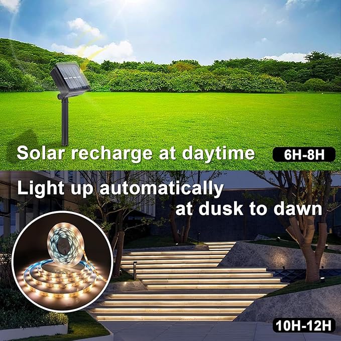 19.8 FT Solar LED Strip Lights Outdoor Waterproof Rope Light 3000K Cuttable & 8 Modes Solar Powered Tape Lighting for Step, Sign, Driveway