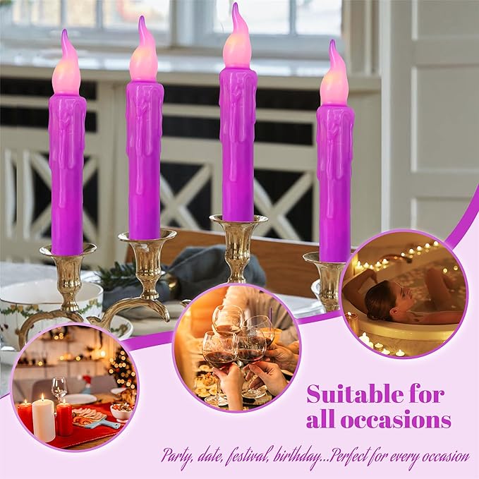 Magical Candlesticks Flameless Taper Candle, 4pcs Real Wax LED Tapered Candles Remote Dipped Candle 6inches Battery Chandelier for Enchanting Weddings Harry Potter Inspired Vigils (Purple)