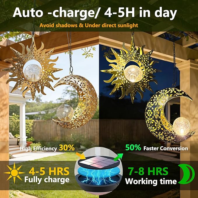 Solar Hanging Lights for Outside Garden,Outdoor Metal Lanterns Sun Moon Lamp, Large Decorations for Yard Garden Patio Proch Tree Wall, Christmas Gifts for Women Mom