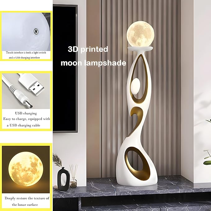 Bofea-Lunar Lamp Modern Standing Lamps for Living Rooms & Offices,Great Living Room Décor,White Gold Tall Light with 3D Printing Frosted Moon Globe Shade, Mid Century Floor Light for Bedroom Reading