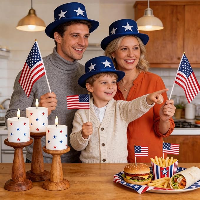 4th of July Flameless Pillar Candles with Red White and Blue Star Stickers, Battery Operated LED Pillar Candles with Remote and Timer, Real Wax Patriotic Candle Set of 3