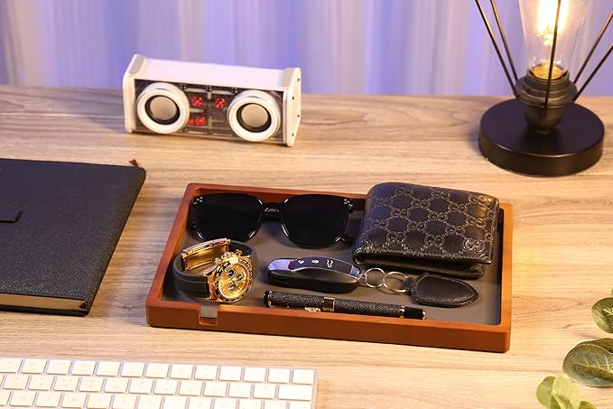 Shinpuru Wooden Valet Tray for Men, Nightstand Organizer with Leather Inlay, EDC Essentials Catchall Tray for Keys, Phone, Wallet, Watch, Earbuds - Bedside Desk Entryway Tray (Wood-Full)