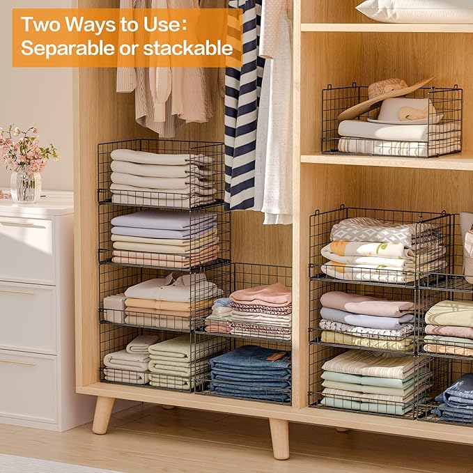 6-Tier Stackable Closet Organizers and Storage Shelves, Closet Shelf Organizer Basket Bins, Foldable Sweater Storage for Clothes Organizer System, Black（Patent Pending）