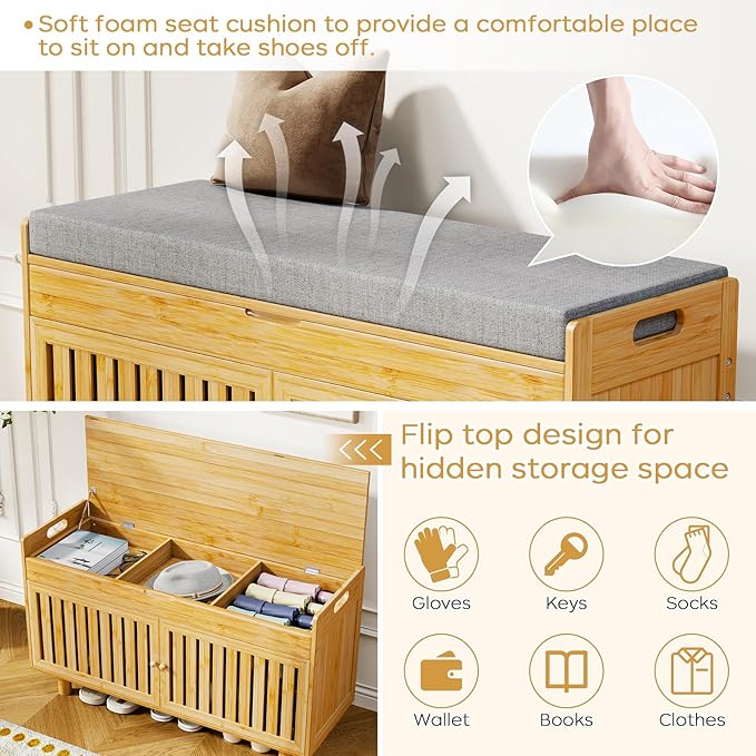 35.4in Shoe Storage Bench, Bamboo Entryway Bench with Lift Top Storage & Padded Seat Cushion, 2-Tier Shoe Rack Cabinet with 2 Doors for Entryway, Living Room, Bedroom, Mudroom, Natural