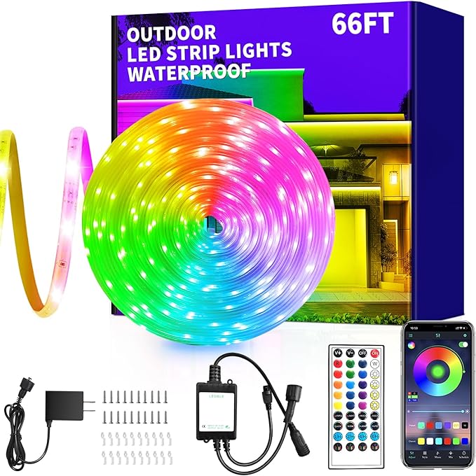 65.6ft Outdoor LED Strip Lights Waterproof,IP68 Outside Led Light Strips Waterproof with APP/Remote Control,Music Sync RGB Exterior Led Rope Lights for Bedroom roof Garden Staircase Parties