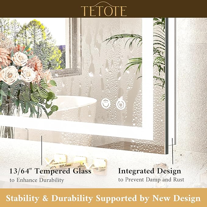 TETOTE LED Bathroom Mirror with Brighter Lights 32 x 36 LED Lighted Vanity Mirror with Frontlit and Backlit, 3-Color Dimmable Illuminated Anti Fog Light up Mirror for Bathroom Wall, Tempered Glass