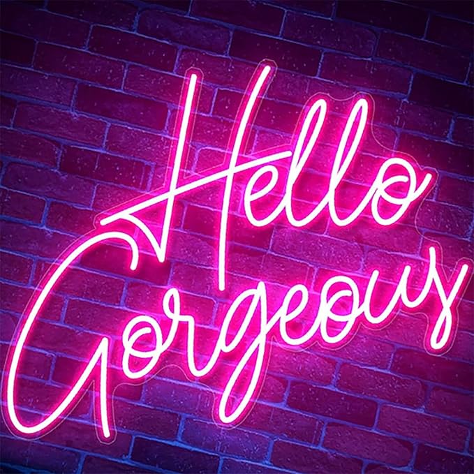 Hello Gorgeous LED Neon Sign Glow Night Light Neon Wall Birthday Party Wedding Bar Club Pink Background Decoration Dimmable Switch Daughter Women Mom Girl Gift USB Powered 5V