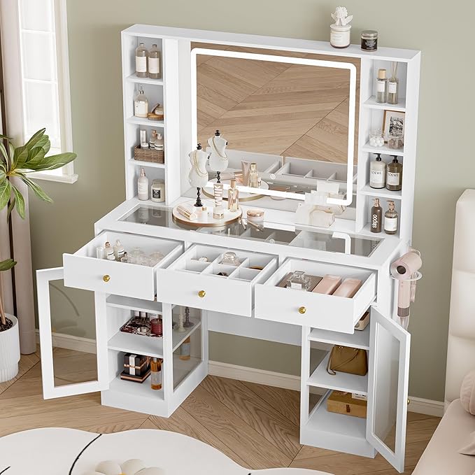 Makeup Vanity Desk with Mirror and Lights, 43" White Vanity with Glass Top, Jewelry Storage, 3 Drawers & Glass Cabinets, Power Outlet & Adjustable LED Lights, Dressing Table for Women & Girls Bedroom