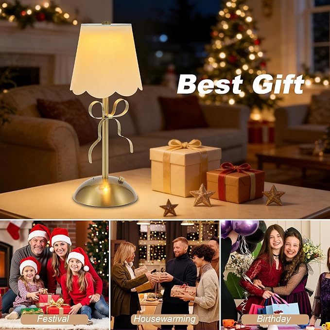 Cordless Table Lamp,Rechargeable LED Desk Lamp,Small Bedside Lamps with Touch & 3 Color,Cute Room Decor Bow Lamp,Night Light for Girls' Room Princess Room (Gold)