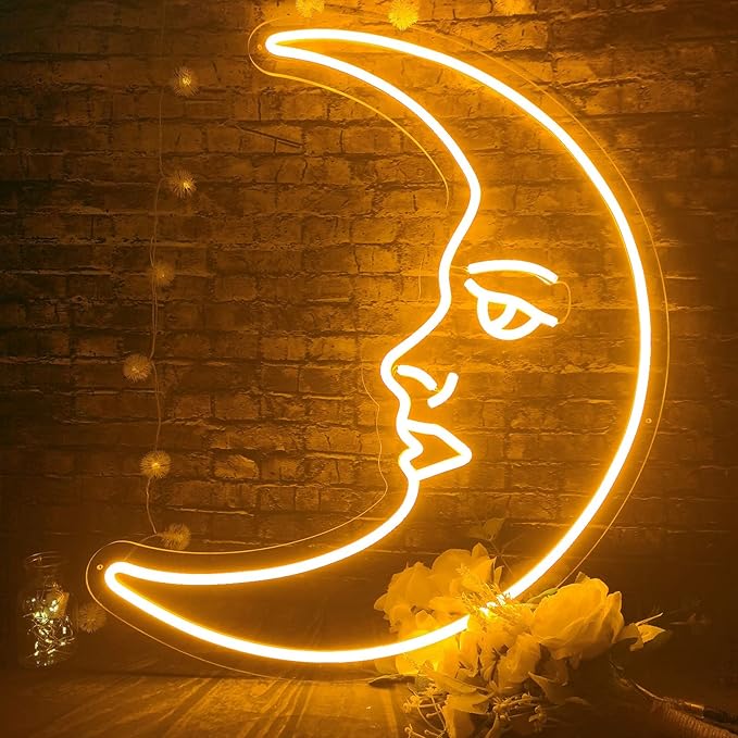 Moon Face Neon Sign Wall Decor, 3D Aesthetic Art Moon LED Sign Light, Retro Night Light, Crescent Led Sign Astronomy Lamp for Bedroom Home Bar Man Cave Parties, Housewarming Gifts - 16"