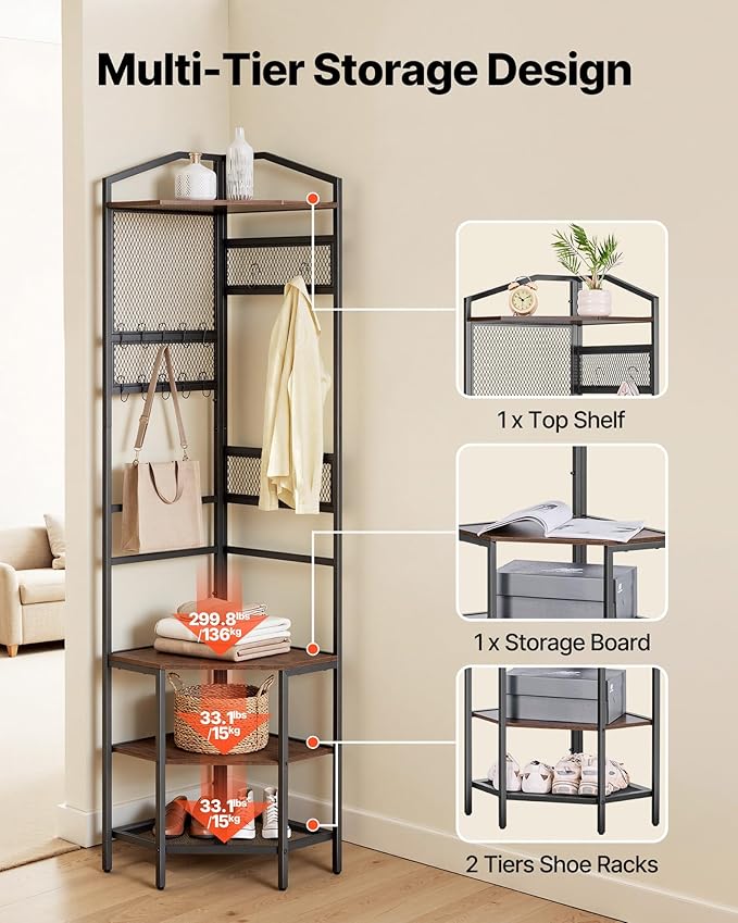 VEVOR Corner Hall Tree, 71.3 in Coat Rack with Hooks, Top Shelf & Steel Frame, Freestanding Clothes Shoes Rack Storage Organizer with Anti-Tip Set, Adjustable Non-Slip Feet for Entrance Closet Office