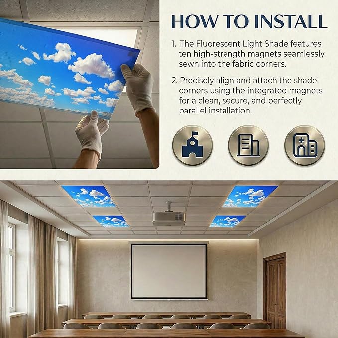 Fluorescent Light Covers for Ceiling Lights -Magnetic Cloud Cover for Fluorescent Or LED Fixture 2ft x 4ft Classroom,Home,Office Decoration Filters Overhead Lighting.Blue Sky and White Clouds