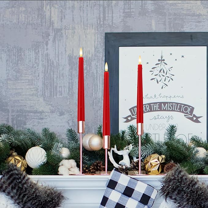 Bright Red Flameless Taper Candles 9.6" Christmas LED Candles Real Wax with Remote Timer, Battery Operated LED Candles Set with 3D Flickering Flame, Dripless Candlesticks for Home, Party, 6 Pack