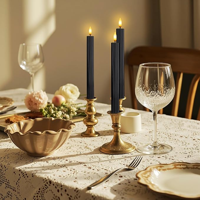 12 Pack, 10" LED Flameless Black Fluted Ribbed Grooved Taper Candles, Remote & 24h Timer Memory, On/Off Button, Dimmable, Flicker Mode, Battery Operated, Christmas Menorah Wedding