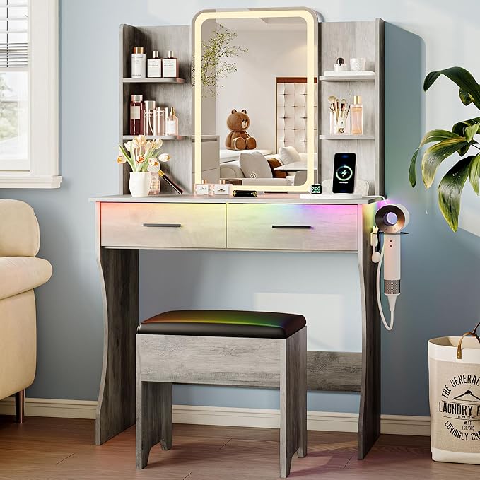 Vanity Desk with LED Lights Mirror & Power Outlet, Small Makeup Vanity Table Set with Storage Drawers & Chair, 3 Lighting Modes & Adjustable Brightness, Dressing Table for Women Girls Bedroom, Grey