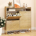 Hadulcet Hidden Shoe Cabinet with 4 Flip Drawers, Long Wood Shoe Storage Cabinet for Entryway Closet, Narrow Freestanding Shoe Rack Organizer w/Adjustable Shelves, Metal Legs, Cupboard, Natural Wood