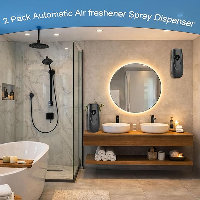 Automatic Air Freshener Spray Dispenser (2-Pack) Wall Mounted or Free Standing, Commercial and Home Use, Multiple Time Scent/Mist Release Settings for Room/Restroom Sprayer (Black1103)