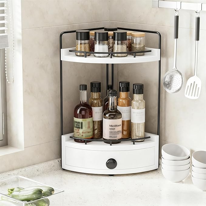 2-Tier Corner Bathroom Countertop Organizer with Drawer, Wooden Vanity Organizers for Makeup and Skincare Storage, Corner Counter Shelf with Embedded Screw Holes, White