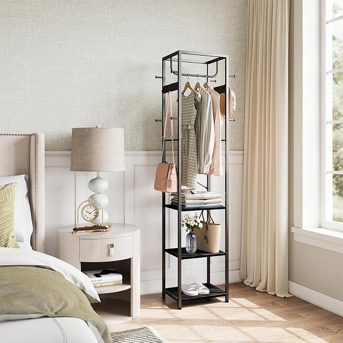 ELYKEN Coat Rack Freestanding, Hall Tree with 3 Storage Shelves and 12 Hooks, Metal Clothes Rack Stand Organizer for Bedroom, Hallway, Entryway, Office, Living Room, Black