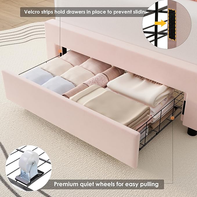 HIFIT Twin Upholstered Smart LED Bed Frame with Storage Drawer and Adjustable Chic Double Petal Headboard, Princess Platform Bed for Girls/Kids, Solid Wood Slats Support, No Box Spring Needed, Pink