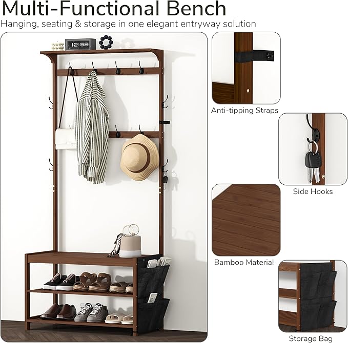 AMBIRD Hall Tree with bench and shoe storage, Entryway Bench with shoe storage, 6-in-1 Coat Rack with Cloth Bag and 12 Coat Hooks, Sturdy Bamboo Frame, Brown 31 * 15 * 70 Inches