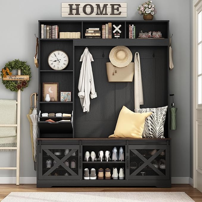 75''H LED Farmhouse Hall Tree with Bench and Shoe,Entryway Bench with Coat Rack,16 Shoe Cubbies & Umbrella Holder and Sock Storage Drawer,Mudroom/Hallway Storages Cabinet(Black)