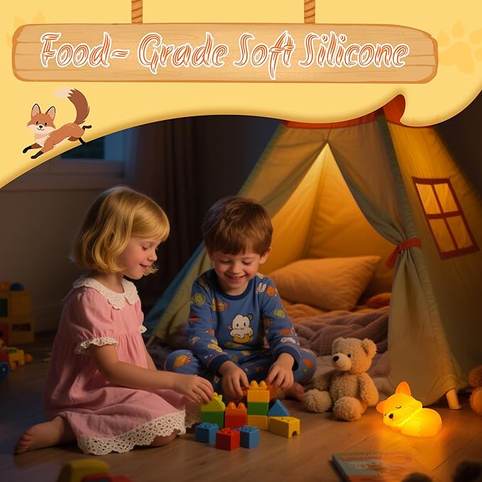 YuanDian Fox Night Light, Squishy Fox Silicone Lamp Novelty Gifts, Rechargeable Dimmable Timer Bedside Touch Nightlight for Breastfeeding Toddler Baby Kids