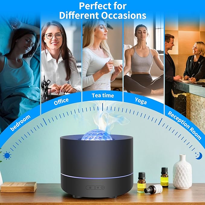 Essential Oil Diffuser, Fire Flame Aromatherapy Diffuser with 7 Colours LED Projection, 200ml Cool Mist Humidifier, Oil Diffuser with Auto-Off Protection for Home,Bedroom,Office,or Spa (Black)