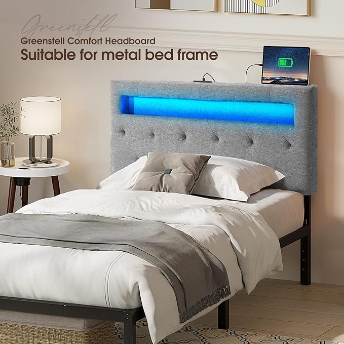 GREENSTELL Headboard for Twin Size Bed with 60,000 DIY Color of LED Light, USB & Type C Post, Attach Frame, Height Adjustable, Gray Wall Mounted Head Boards Only, Sturdy & Stable, Comfortable, Twin