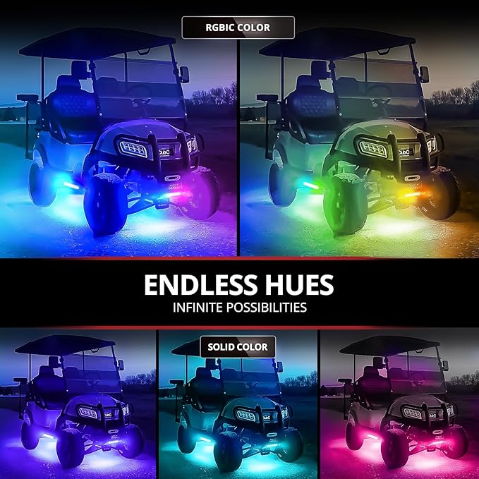 OPT7 12V Aura DreamColor Golf Cart Underglow LED Light Kit with App & Remote Control, 4PC Waterproof Multicolor Light Strips, Music Neon Accent Chasing Lighting for EZGO Yamaha Club Car, Easter Gift