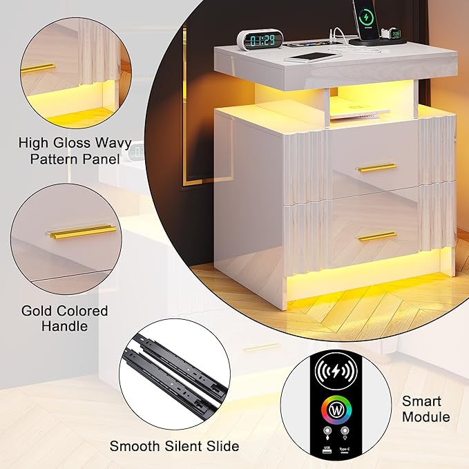 Nightstand with Wireless Charging Station,Set of 2 Bedroom Bedside Table with RGB Lights, Smart Night Stand with 2 Drawers, Bedside Tables Modern Bedside Table for Bedroom, Living Room(White)