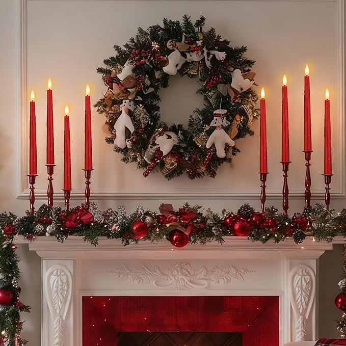 Red Flameless Taper Candles with Timer, 2 Pack Christmas Battery Operated Taper Candles, Flickering Realistic LED Candlesticks for Xmas Decor, Wedding, Party