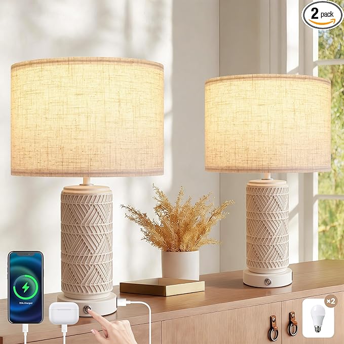 Touch Table Lamp Set of 2 for Home and Modern Farmhouse Decor - Ceramic Boho Bedside Lamps with USB Port - White Nightstand Light for Bedroom, Living Room, Side Tables and Small Night Stand