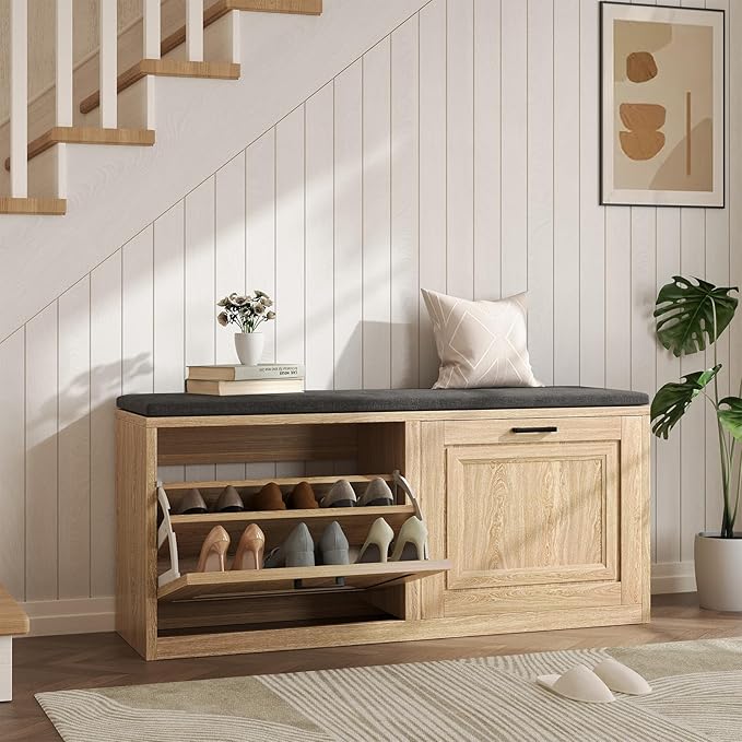 Shoe Storage Bench with Cushioned Seat, 2-Tier Entryway Bench with 2 Flip Drawers & Adjustable Shelves, 39.4" Shoe Rack Bench for Entryway, Living Room, Hallway (Natural)
